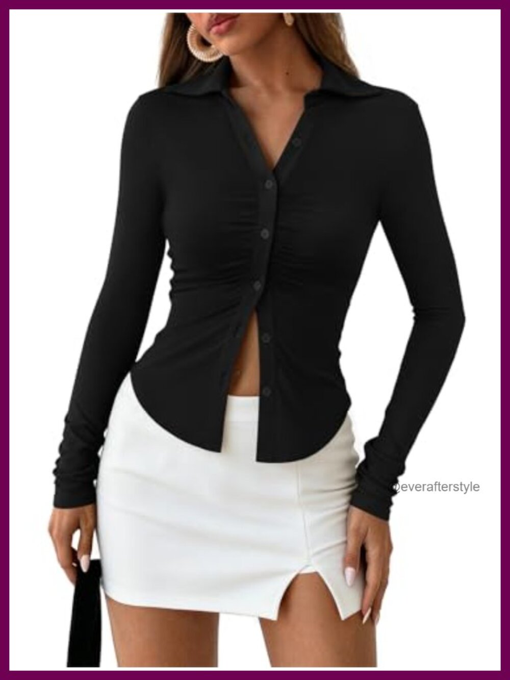 Stretch Button Down Long Sleeve Shirt V Neck Ruched Slim Fit